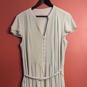 Spring or Easter Dress - Green V-Neck Pleated Front Tie Waist Flowy